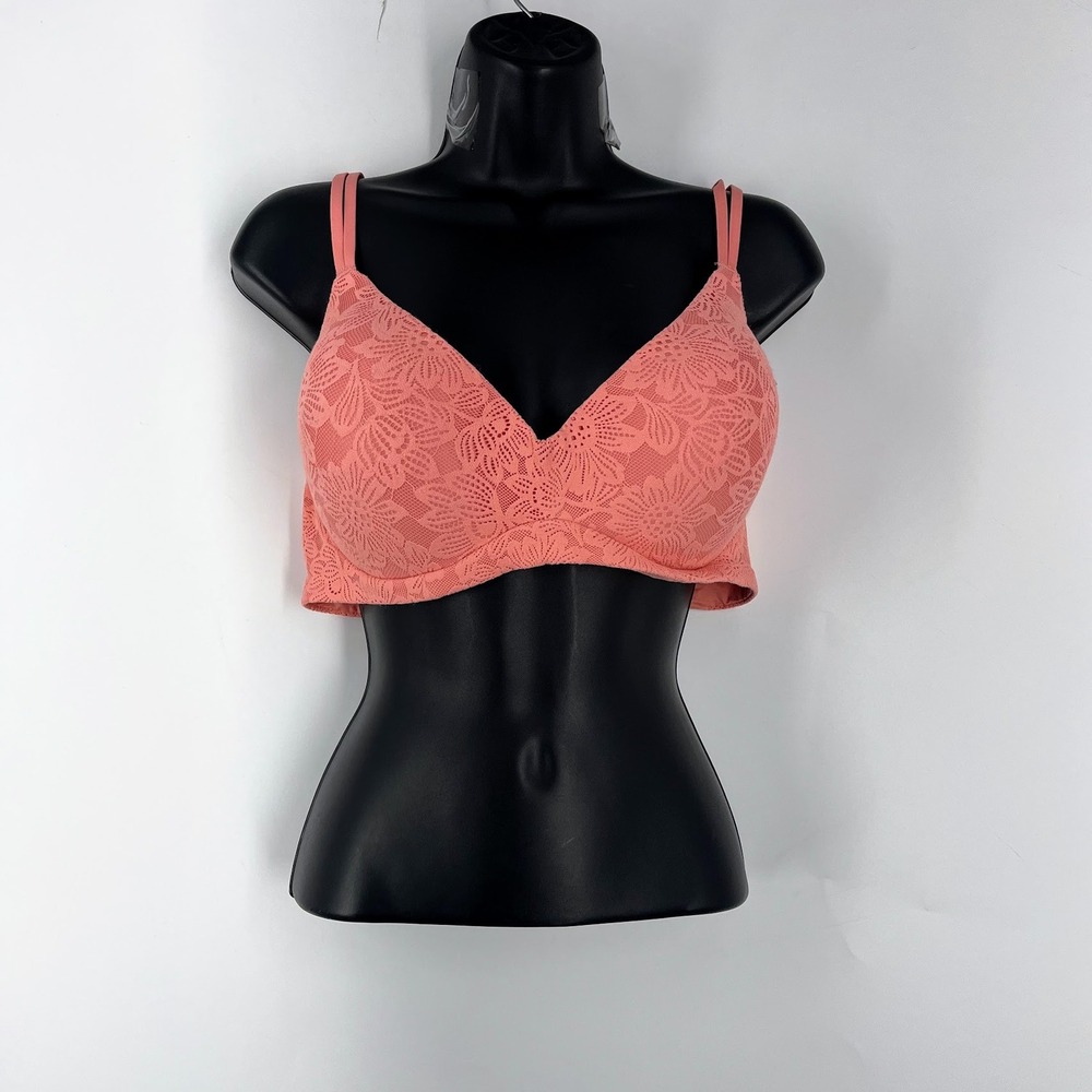 Aerie Sunnie Wireless Lightly Lined Bra Coral Pink Floral Lace Plunge NEW SZ 40D